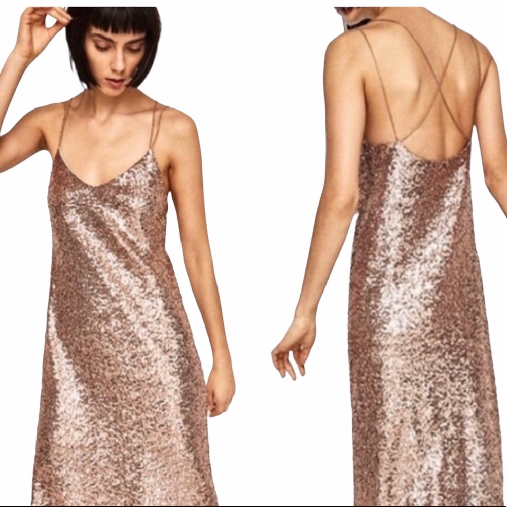 Zara Sleeveless Rose Gold Mid Length with Sequins Spaghetti Strap Dress XS